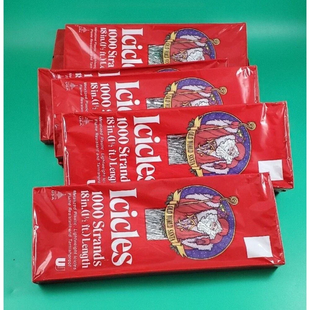 9 Pkgs Christmas Tree Icicles Tinsel Old World Santa 1000 Strands USA silver 18”